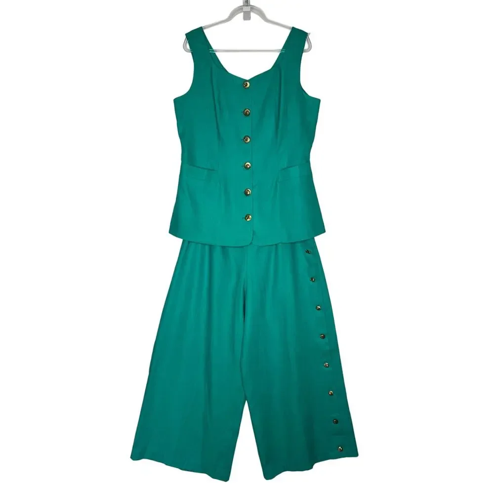 1990s Ronet Turquoise Linen Pant Set USA Women’s XL Plus Size